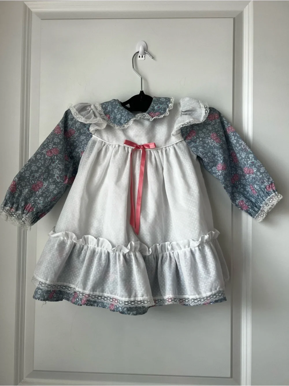 Vitage Peppercorns White & Blue Floral Ruffle Kids Dress with Pink Bow